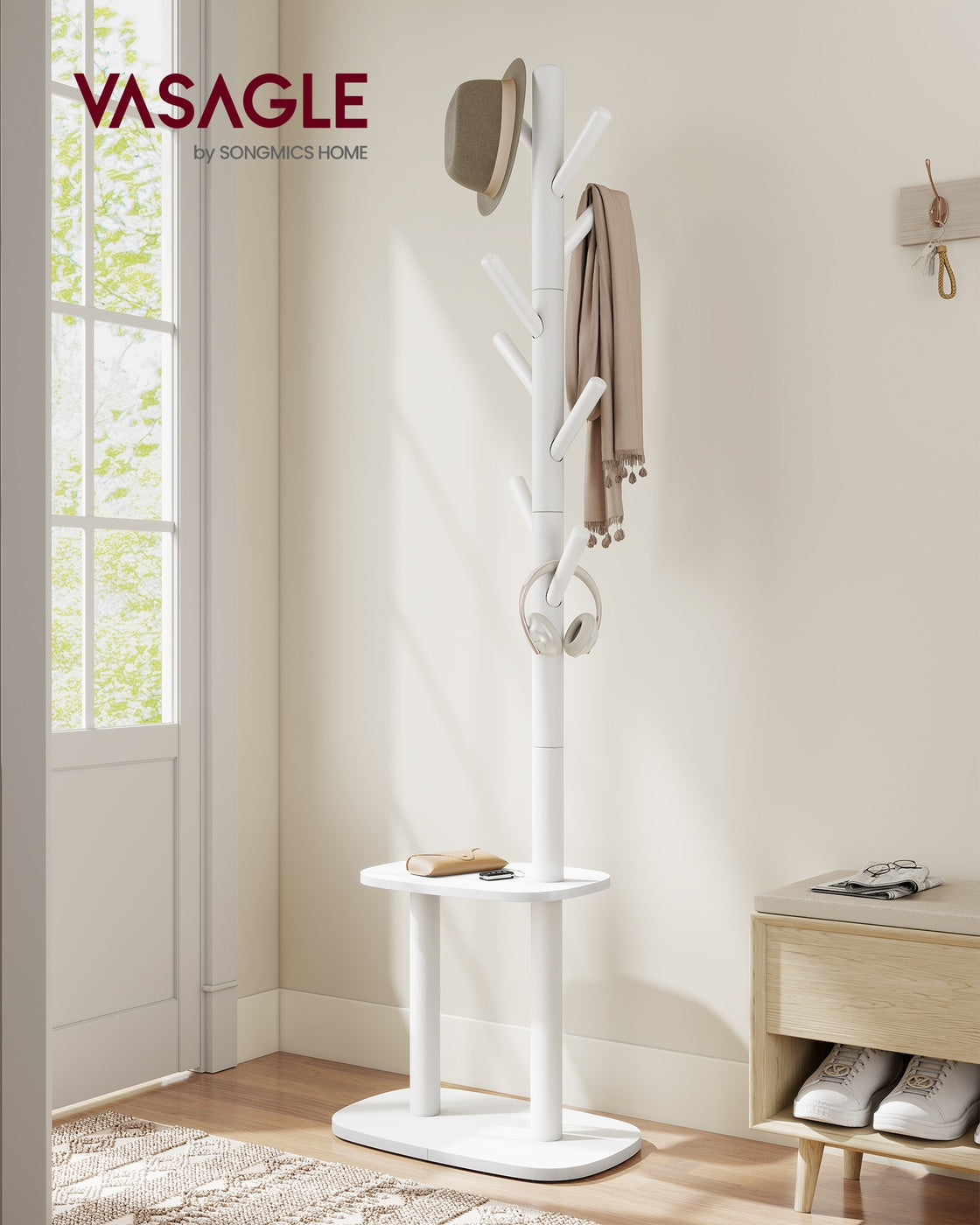 Hall Coat Tree with 8 Hooks and Storage Shelf