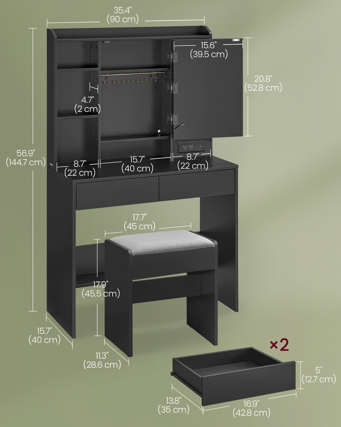 Vanity Desk with Power Outlets, Mirror and Lights