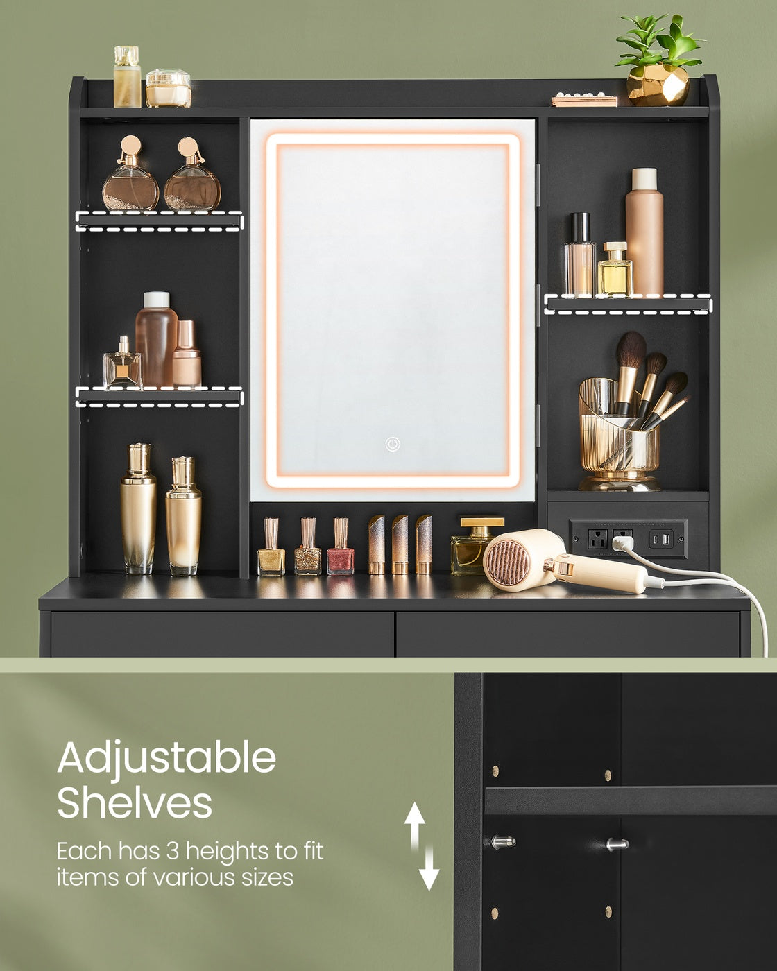 Vanity Desk with Power Outlets, Mirror and Lights