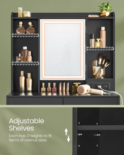 Vanity Desk with Power Outlets, Mirror and Lights