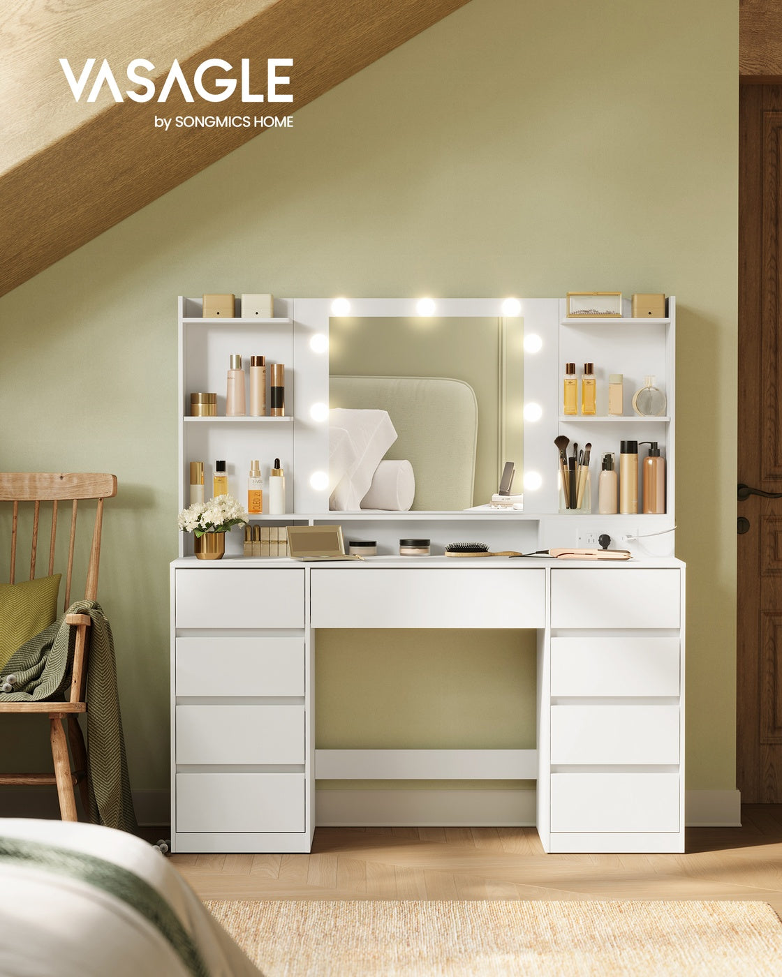 Kailyn Collection - Vanity Desk with Mirror and 9 LED Bulbs
