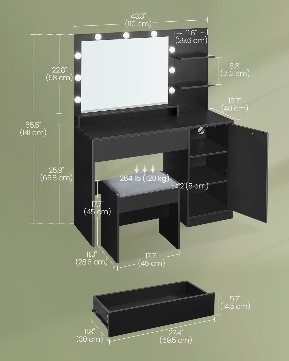 Vanity Desk with Mirror and Lights