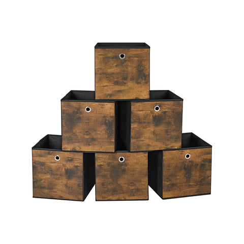 Foldable Storage Organizer Boxes, 11.8 x 11.8 x 11.8 Inches Storage Cubes, Set of 6 Clothes Organizer, Toy Bins, with Non-Woven Fabric, Oxford Fabric, Rustic Brown and Black URFB102B01