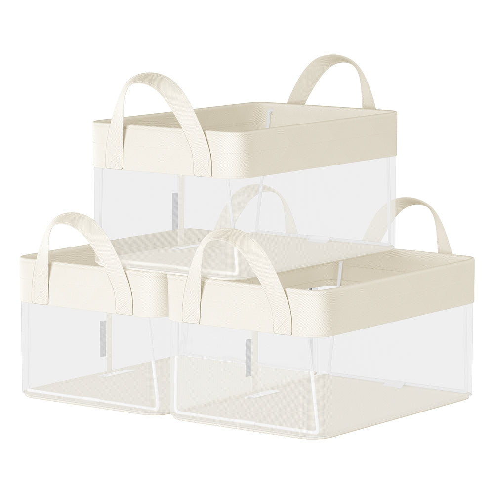 Storage Bins Set of 3 Transparent Mesh Cream White