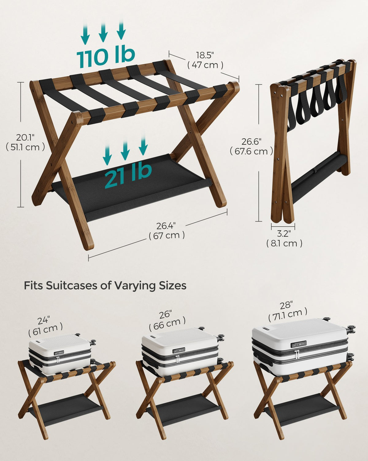 Set of 2 Folding Luggage Rack with Storage Shelf