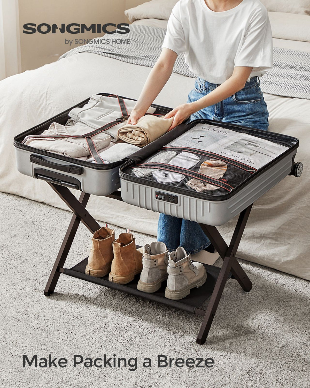 Set of 2 Folding Luggage Rack with Storage Shelf