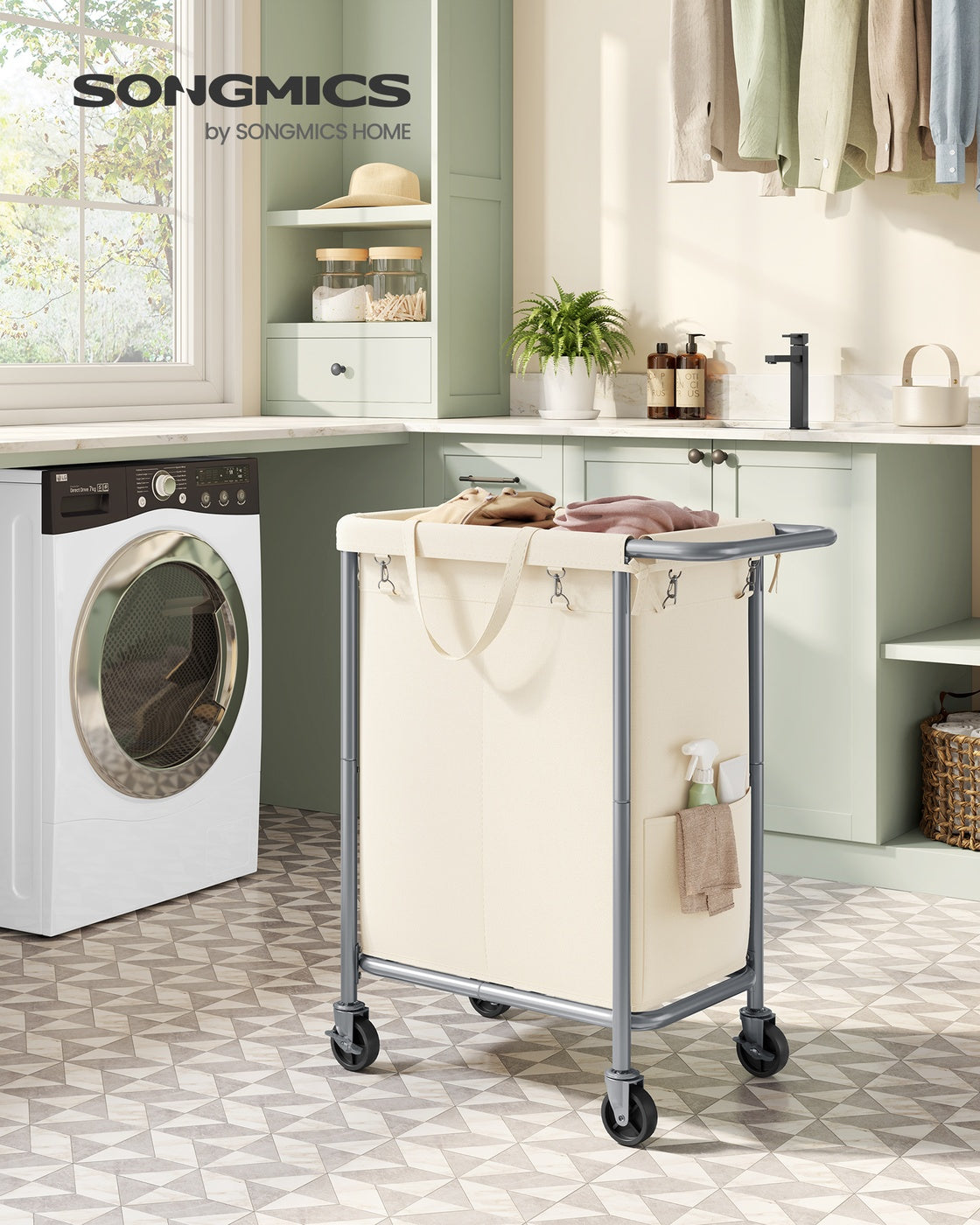 37 Gallons 2-Section Laundry Basket with Wheels with Removable Liner and Handle Cream White - image 2