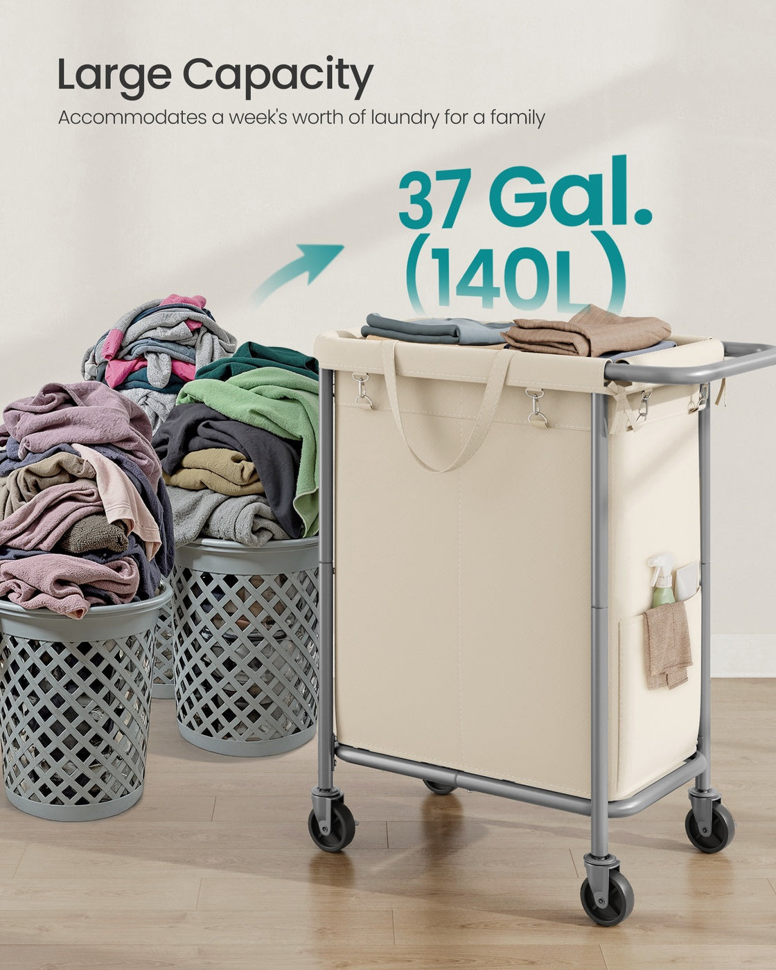 37 Gallons 2-Section Laundry Basket with Wheels with Removable Liner and Handle Cream White - image 3