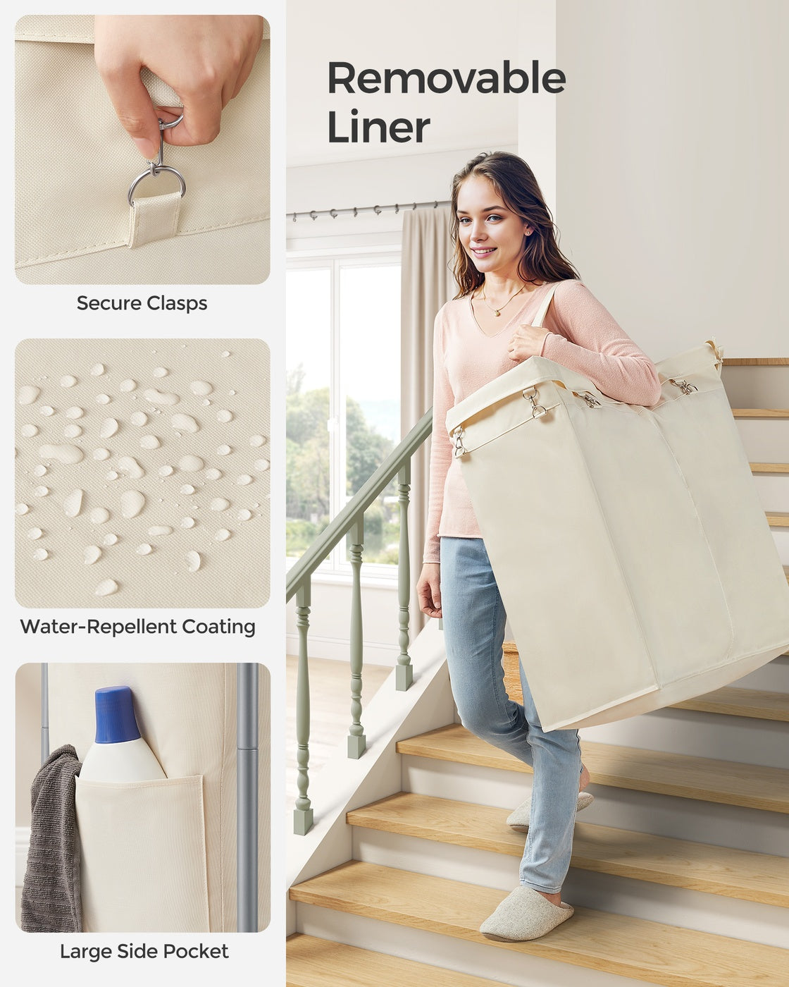 37 Gallons 2-Section Laundry Basket with Wheels with Removable Liner and Handle Cream White - image 4