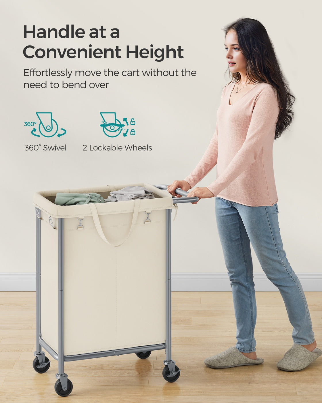 37 Gallons 2-Section Laundry Basket with Wheels with Removable Liner and Handle Cream White - image 6