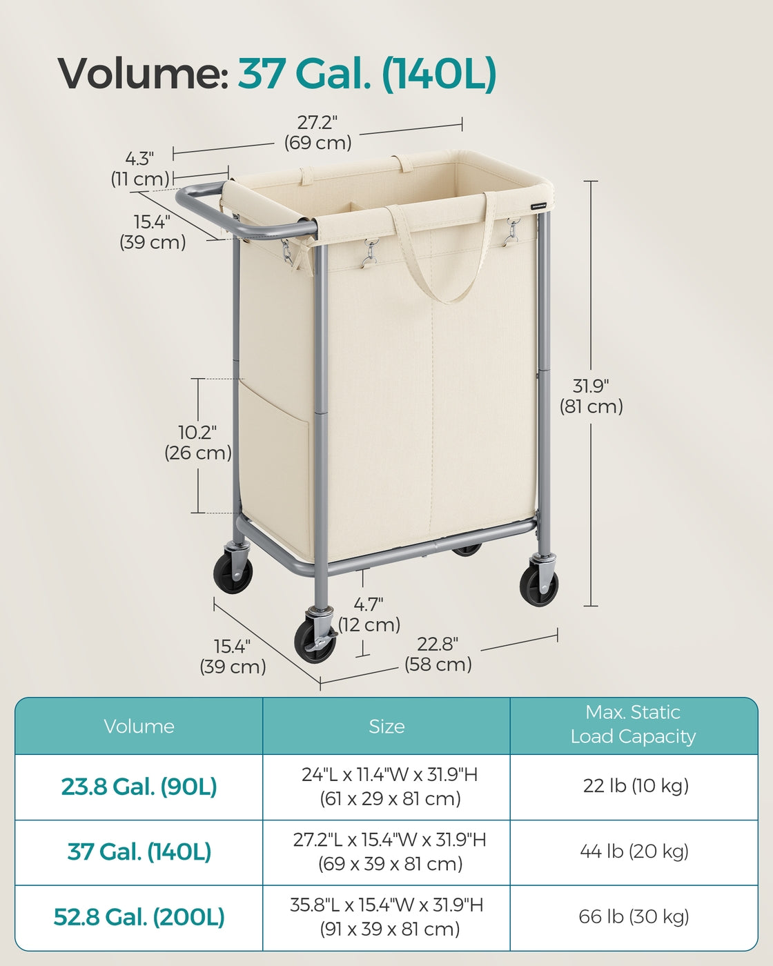 37 Gallons 2-Section Laundry Basket with Wheels with Removable Liner and Handle Cream White - image 7
