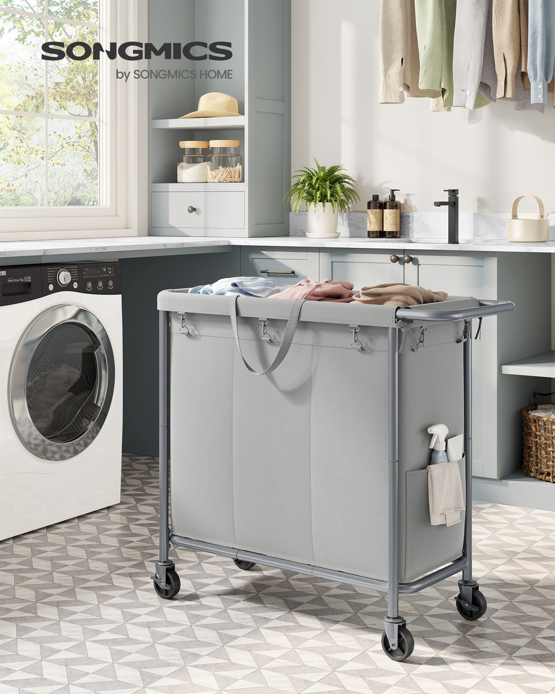37 Gallons 2-Section Laundry Basket with Wheels with Removable Liner and Handle Cream White - image 16