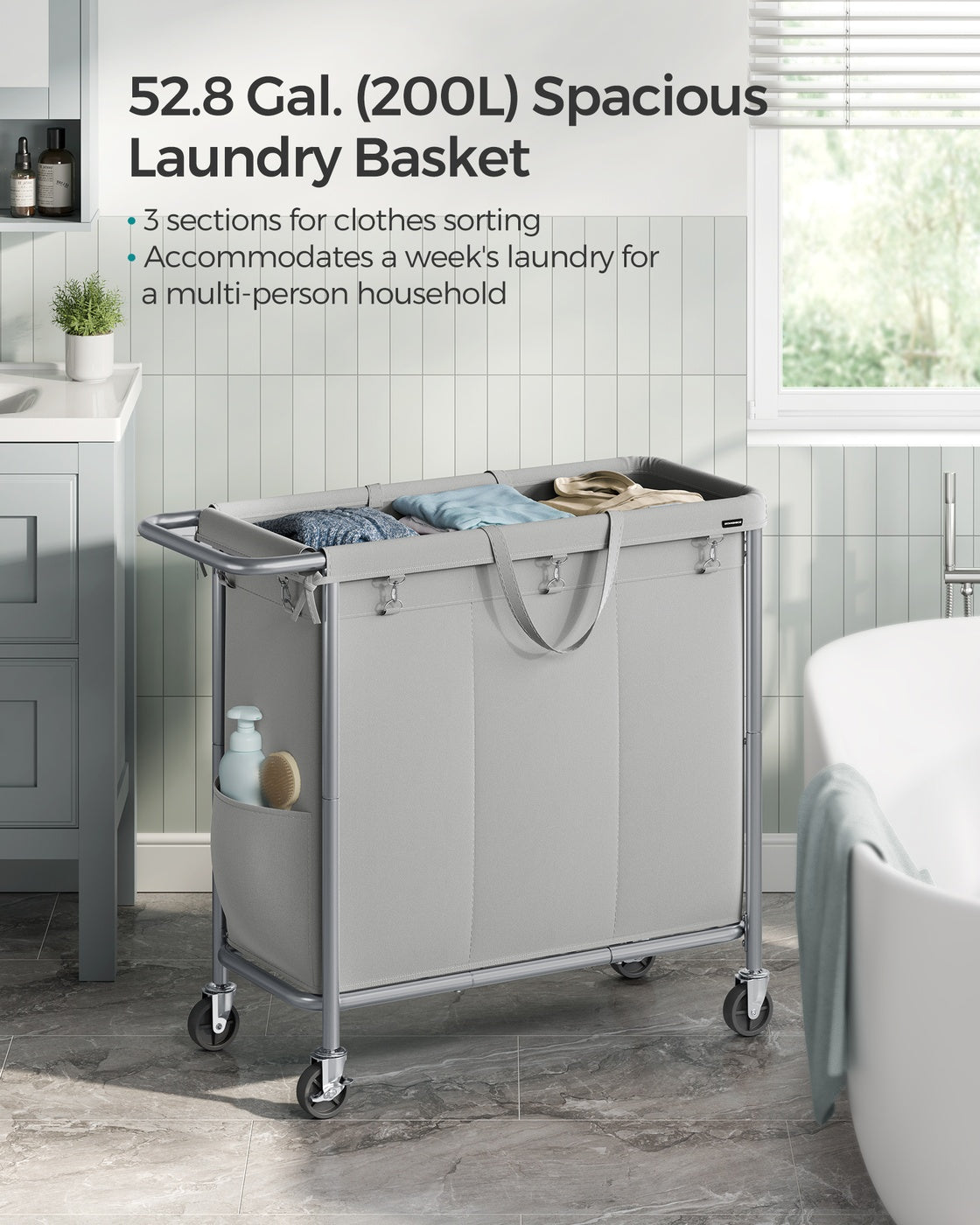 37 Gallons 2-Section Laundry Basket with Wheels with Removable Liner and Handle Cream White - image 17
