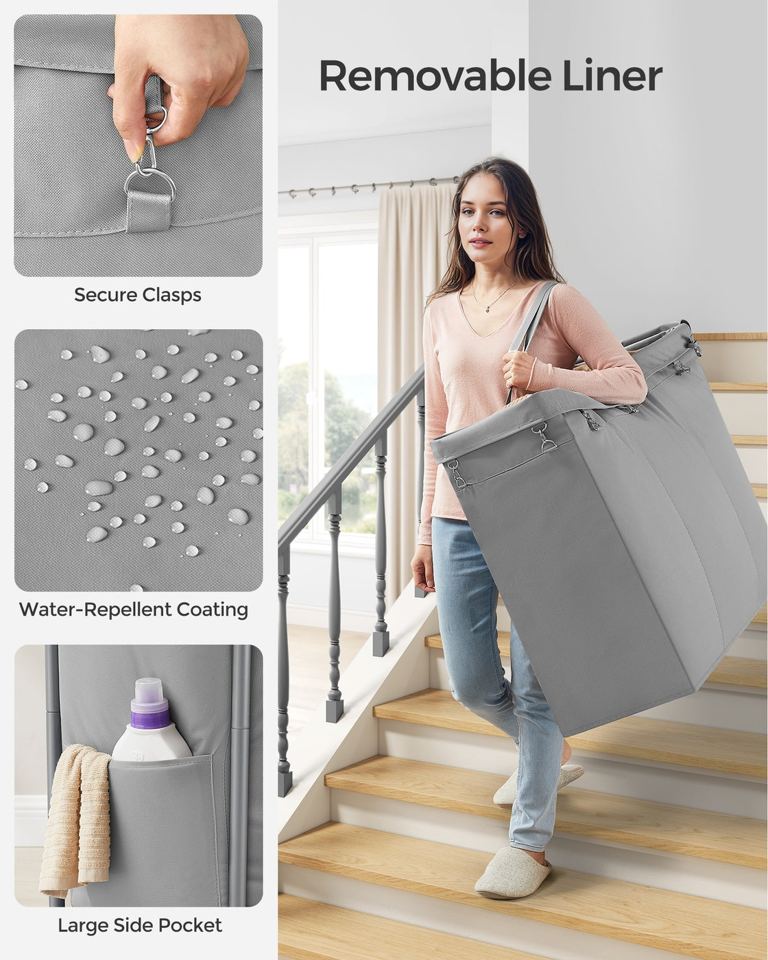 37 Gallons 2-Section Laundry Basket with Wheels with Removable Liner and Handle Cream White - image 18