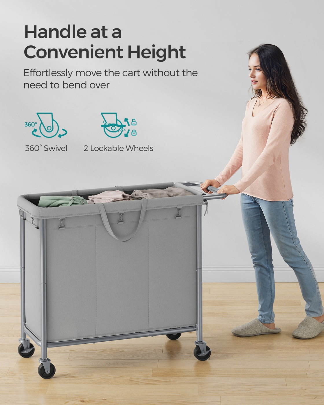 37 Gallons 2-Section Laundry Basket with Wheels with Removable Liner and Handle Cream White - image 20