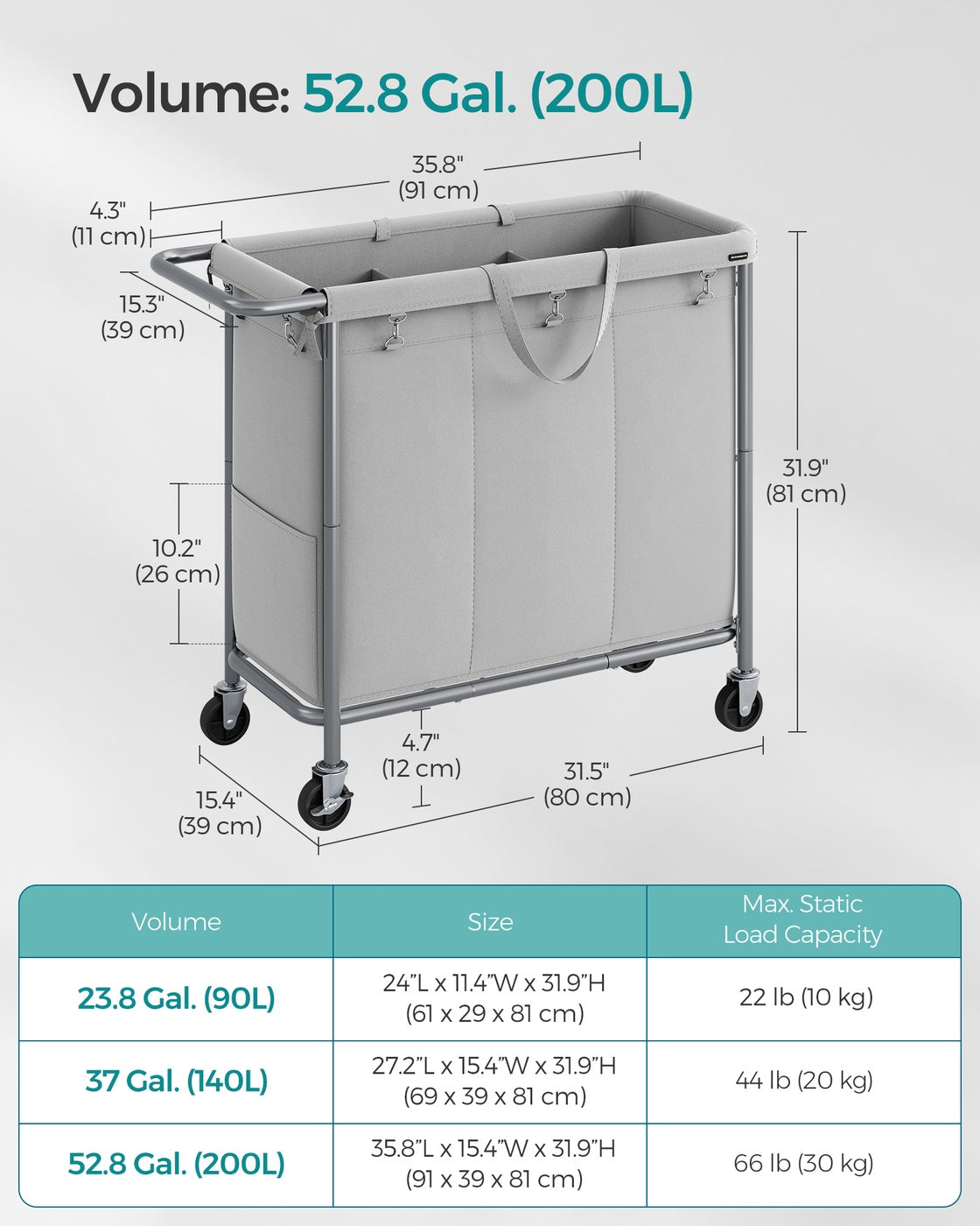 37 Gallons 2-Section Laundry Basket with Wheels with Removable Liner and Handle Cream White - image 21