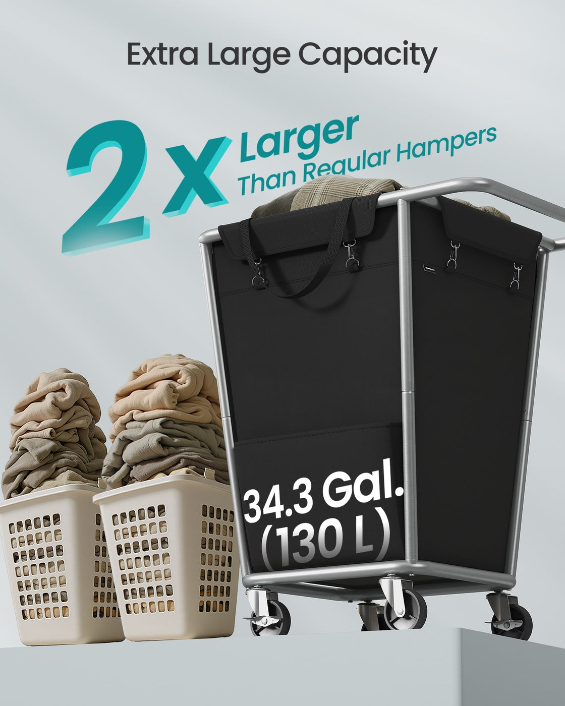 34.3 Gallons Rolling Laundry Hamper with Removable Bag Cream White - image 9