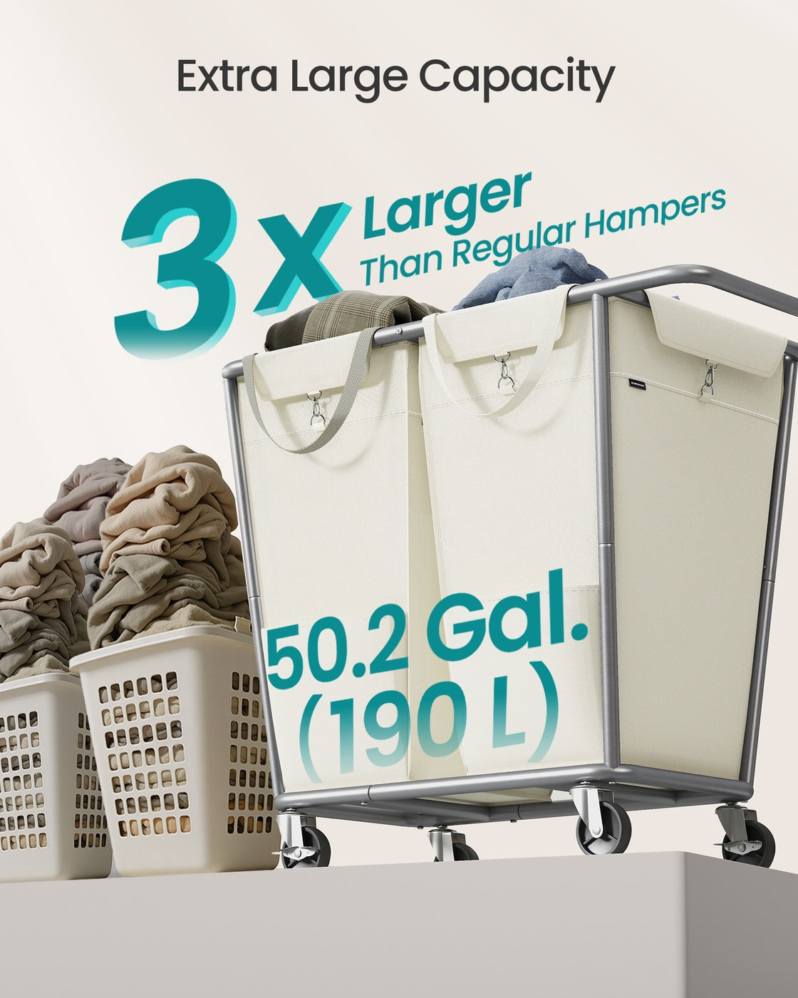 34.3 Gallons Rolling Laundry Hamper with Removable Bag Cream White - image 15