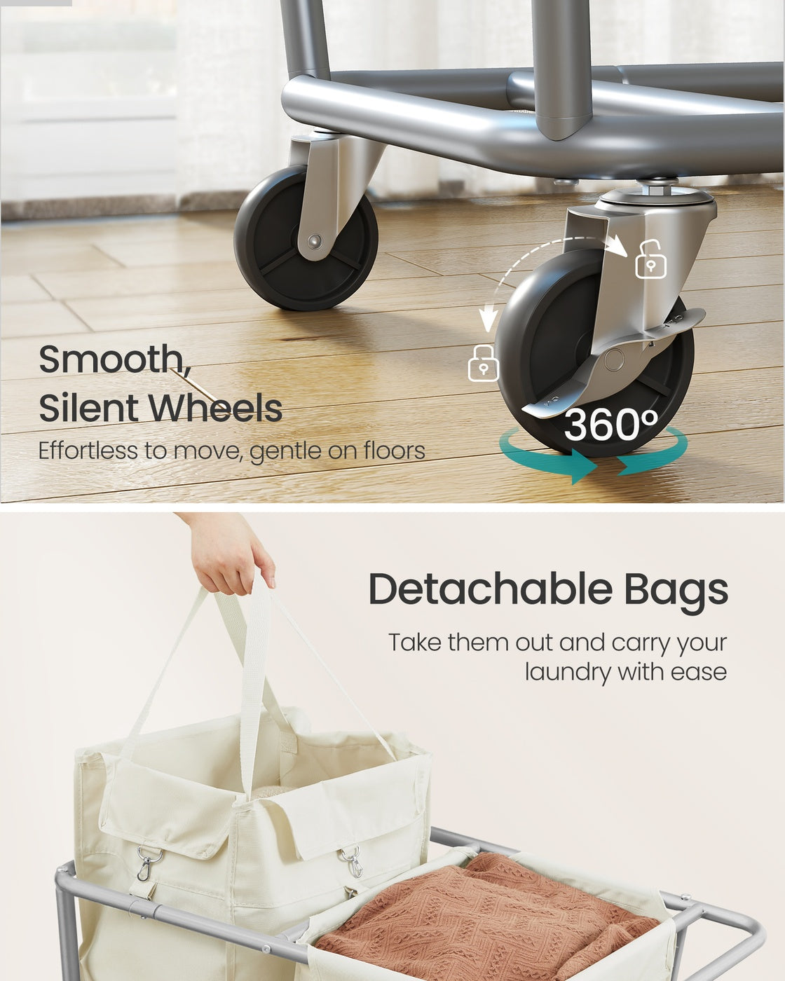 34.3 Gallons Rolling Laundry Hamper with Removable Bag Cream White - image 17
