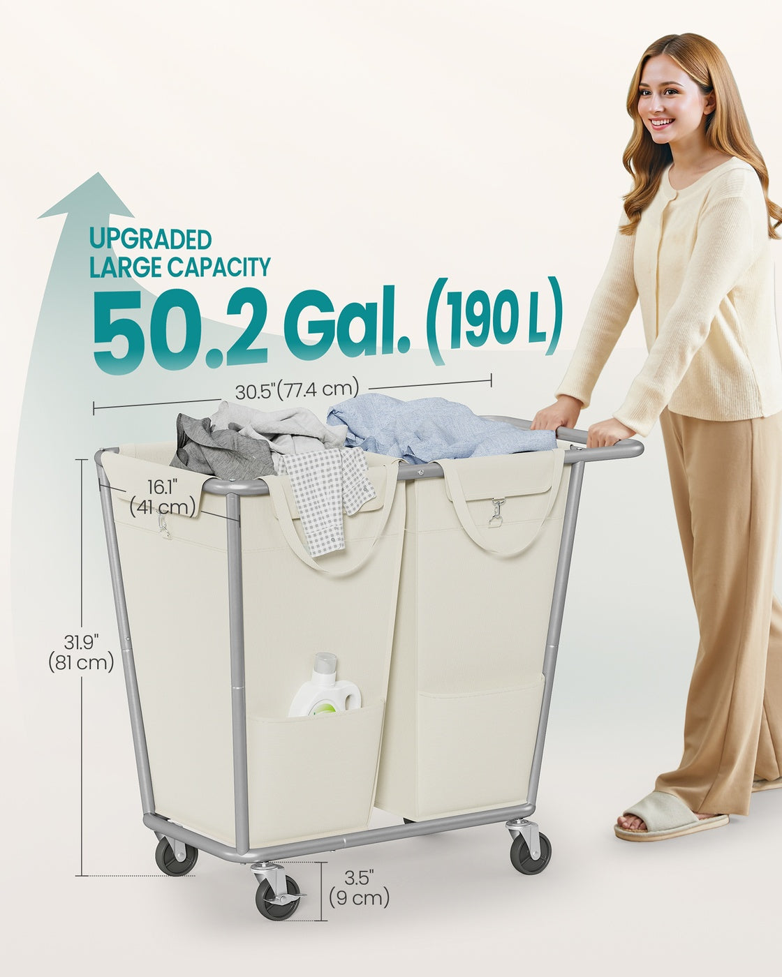 34.3 Gallons Rolling Laundry Hamper with Removable Bag Cream White - image 18