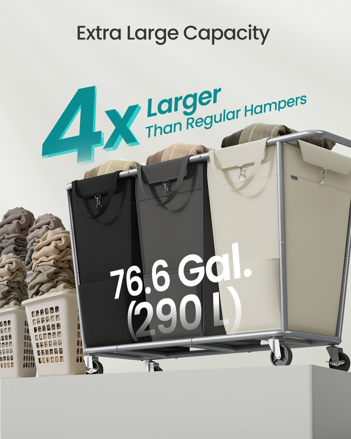 34.3 Gallons Rolling Laundry Hamper with Removable Bag Cream White - image 27