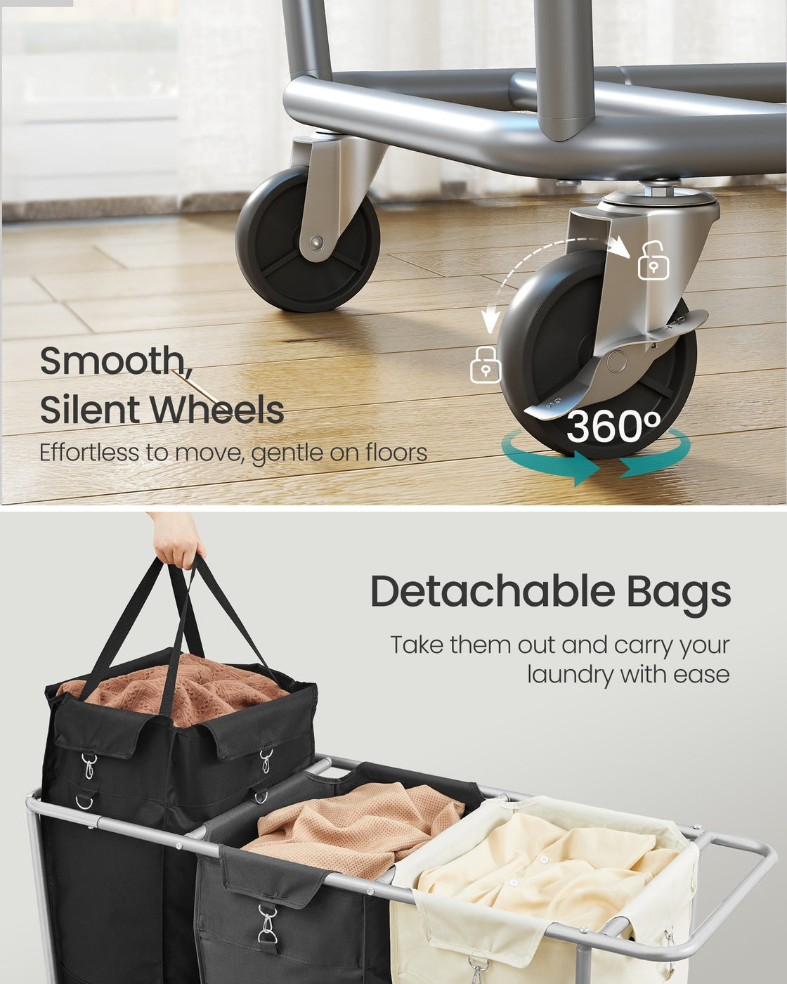 34.3 Gallons Rolling Laundry Hamper with Removable Bag Cream White - image 29