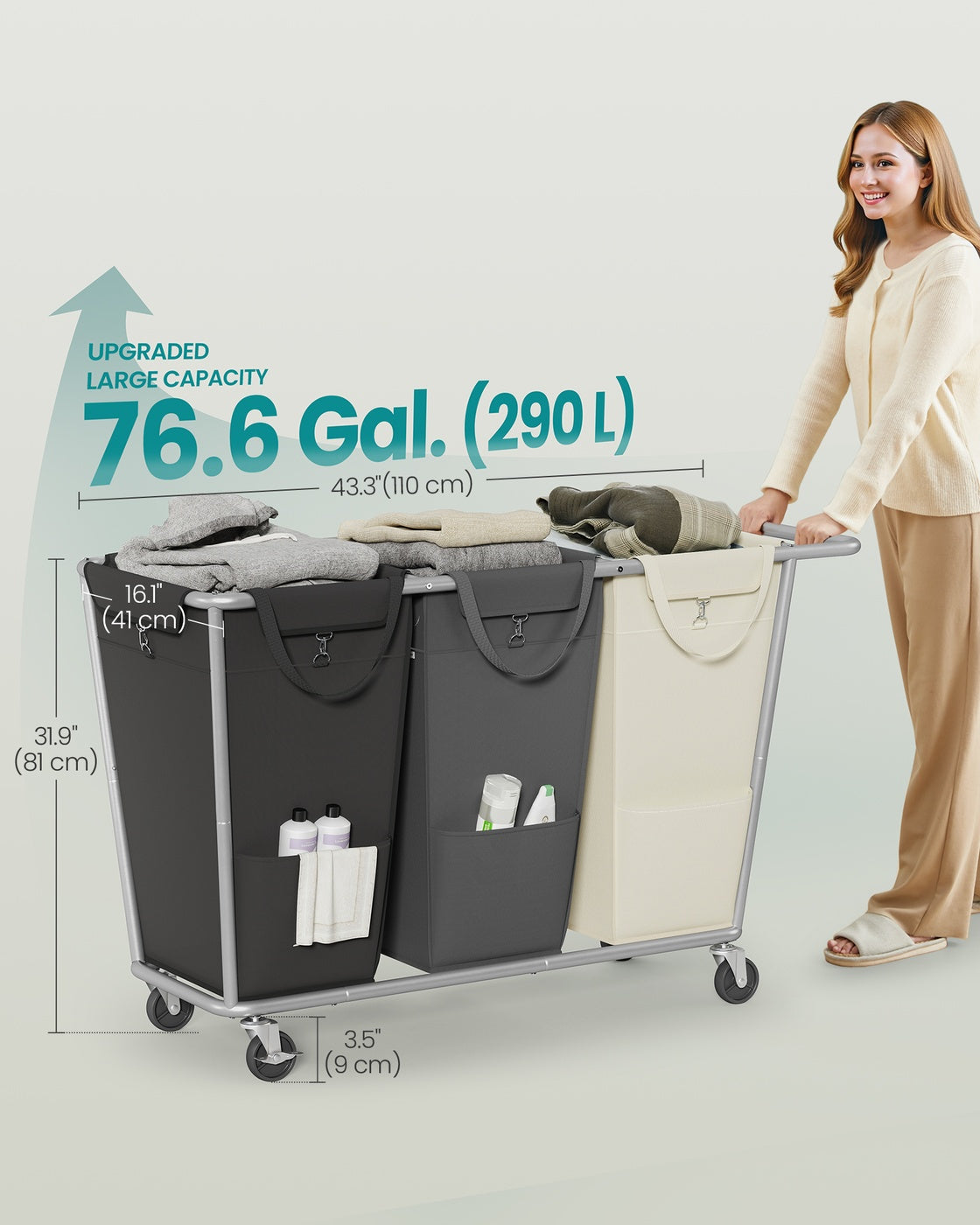 34.3 Gallons Rolling Laundry Hamper with Removable Bag Cream White - image 30