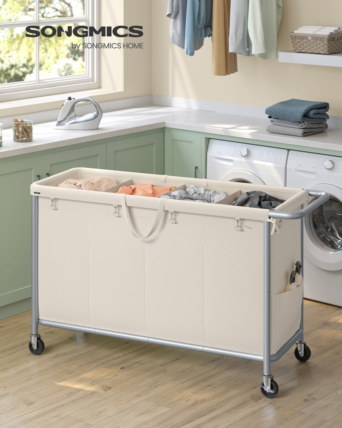 37 Gallons 2-Section Laundry Basket with Wheels with Removable Liner and Handle Cream White - image 30