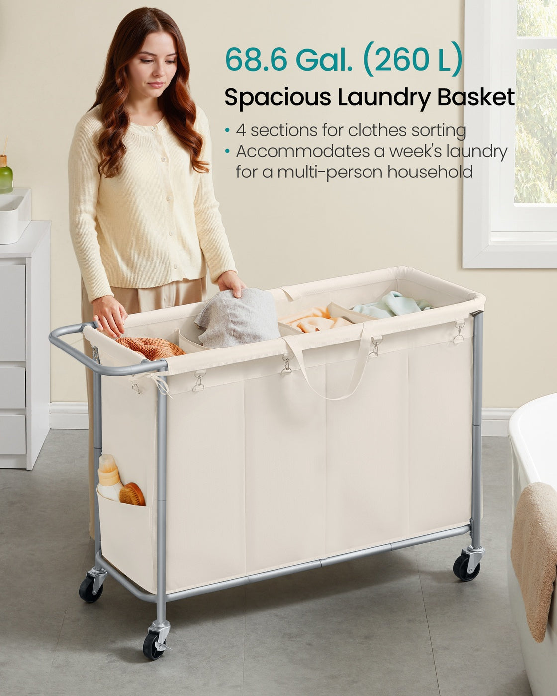 37 Gallons 2-Section Laundry Basket with Wheels with Removable Liner and Handle Cream White - image 31