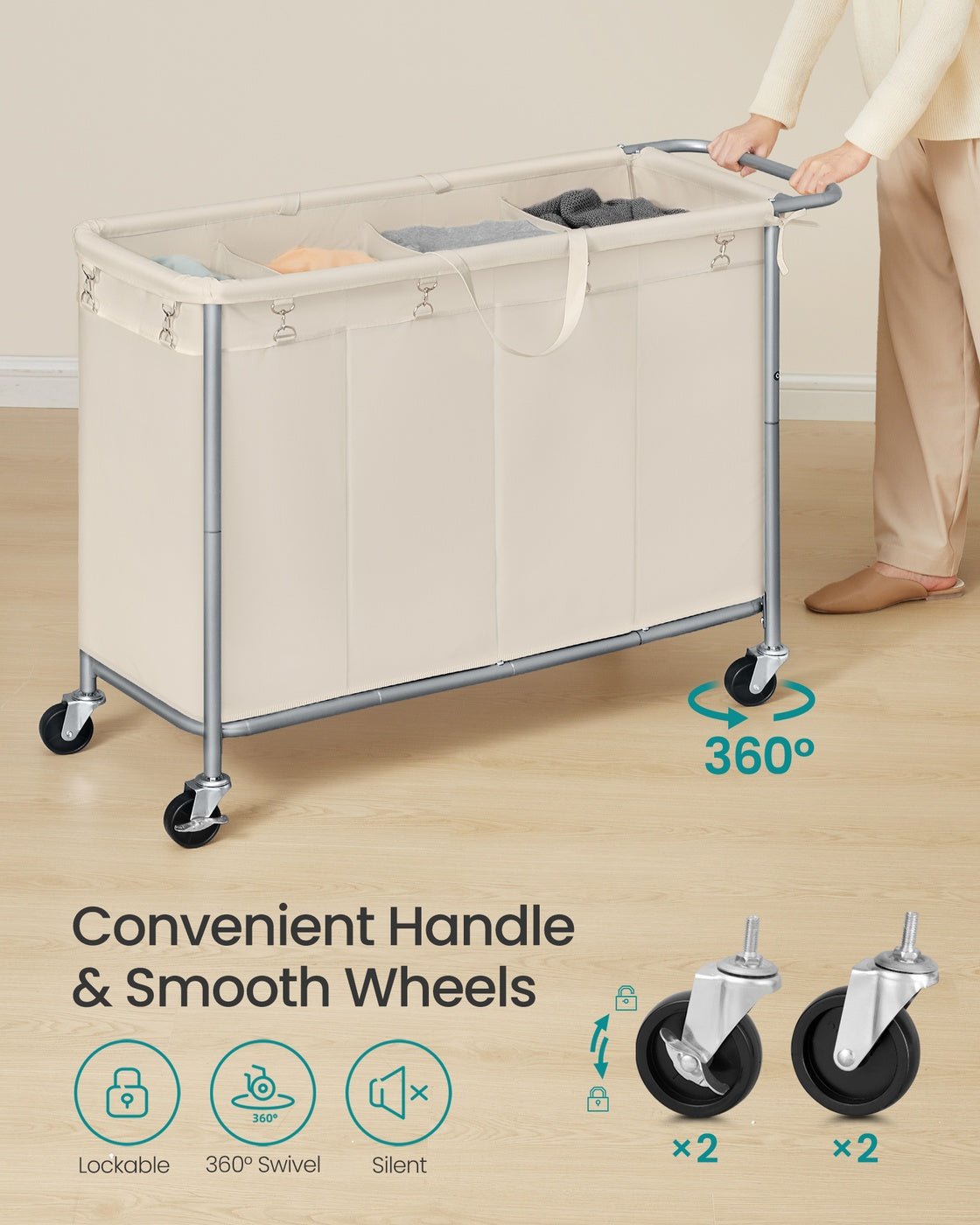 37 Gallons 2-Section Laundry Basket with Wheels with Removable Liner and Handle Cream White - image 34