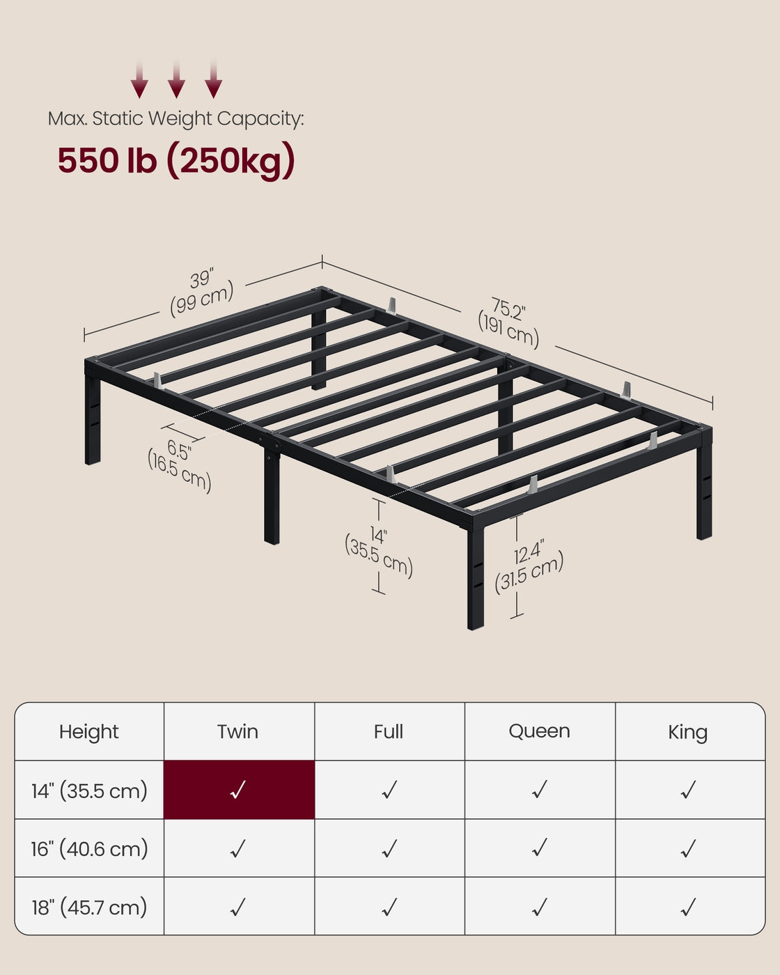 Twin Metal Bed Frame 14 Inches Tall - image 6