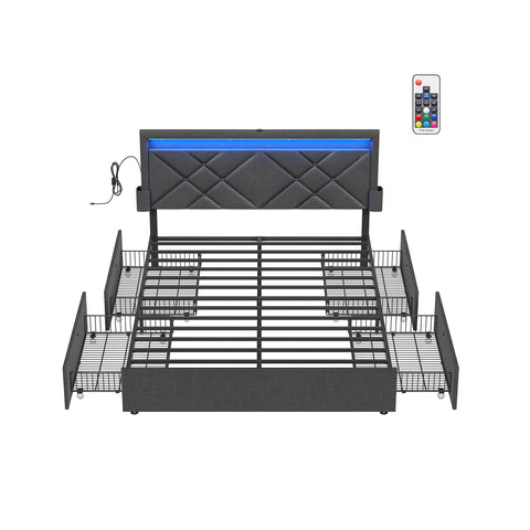 LED Bed Frame Queen Size with Headboard and 4 Drawers, 1 USB Port and 1 Type C Port, Adjustable Upholstered Headboard, No Box Spring Needed, Gray URMB821G71