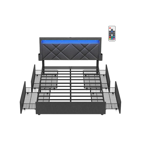 LED Bed Frame Full Size with Headboard and 4 Drawers, 1 USB Port and 1 Type C Port, Adjustable Upholstered Headboard, No Box Spring Needed, Gray URMB822G71