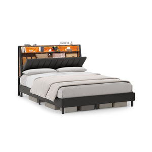 LED Bed Frame Queen Size, Storage Headboard and Charging Station