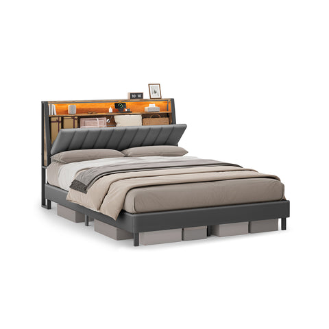 LED Bed Frame Queen Size, Storage Headboard and Charging Station