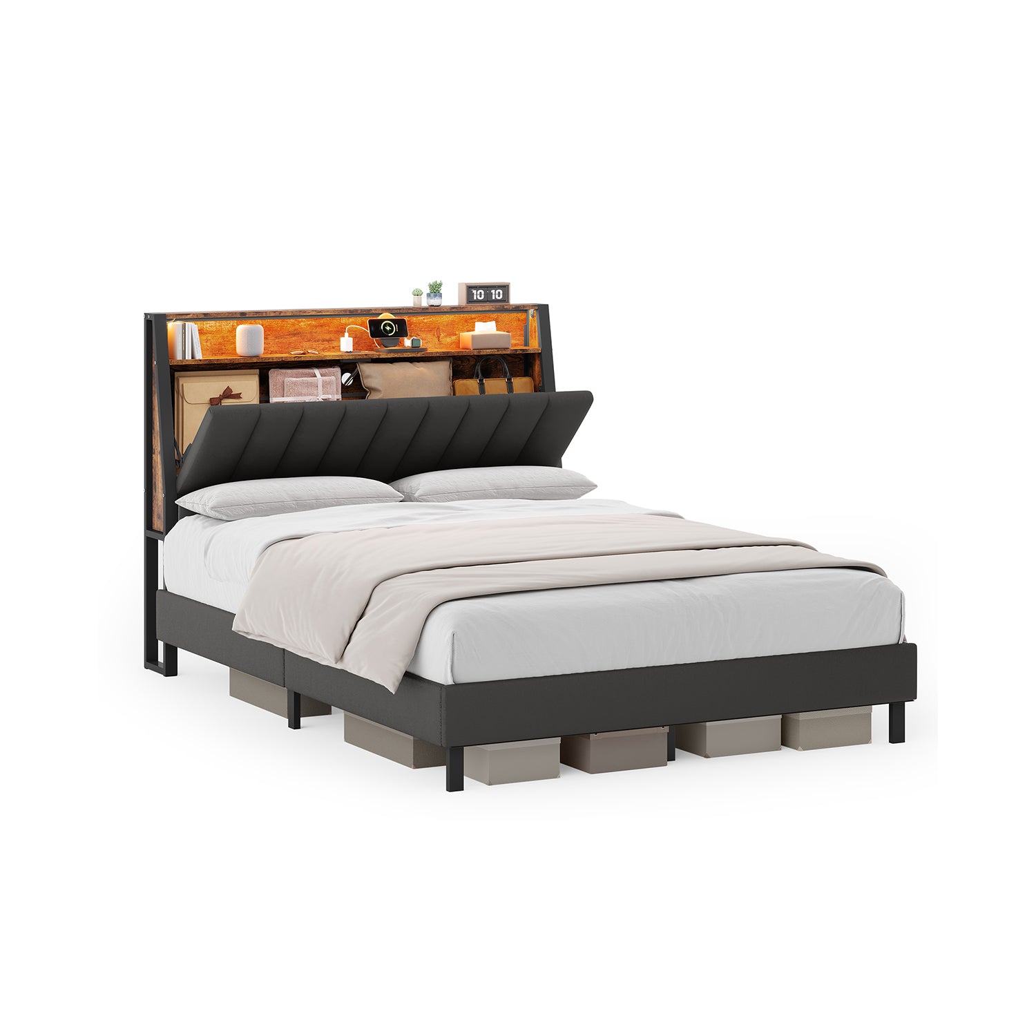 LED Bed Frame Full Size, Storage Headboard and Charging Station