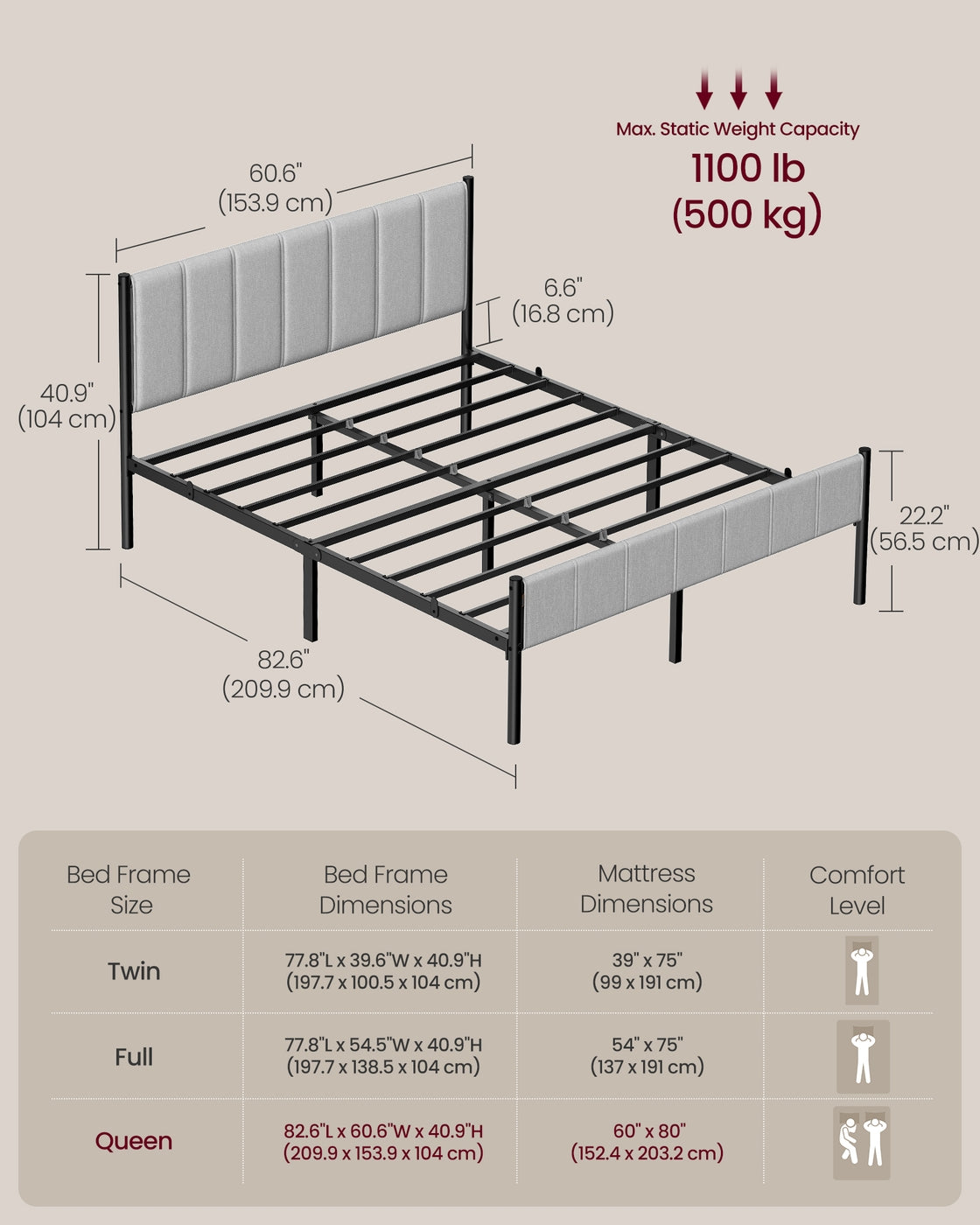 Twin Bed Frame with Upholstered Headboard