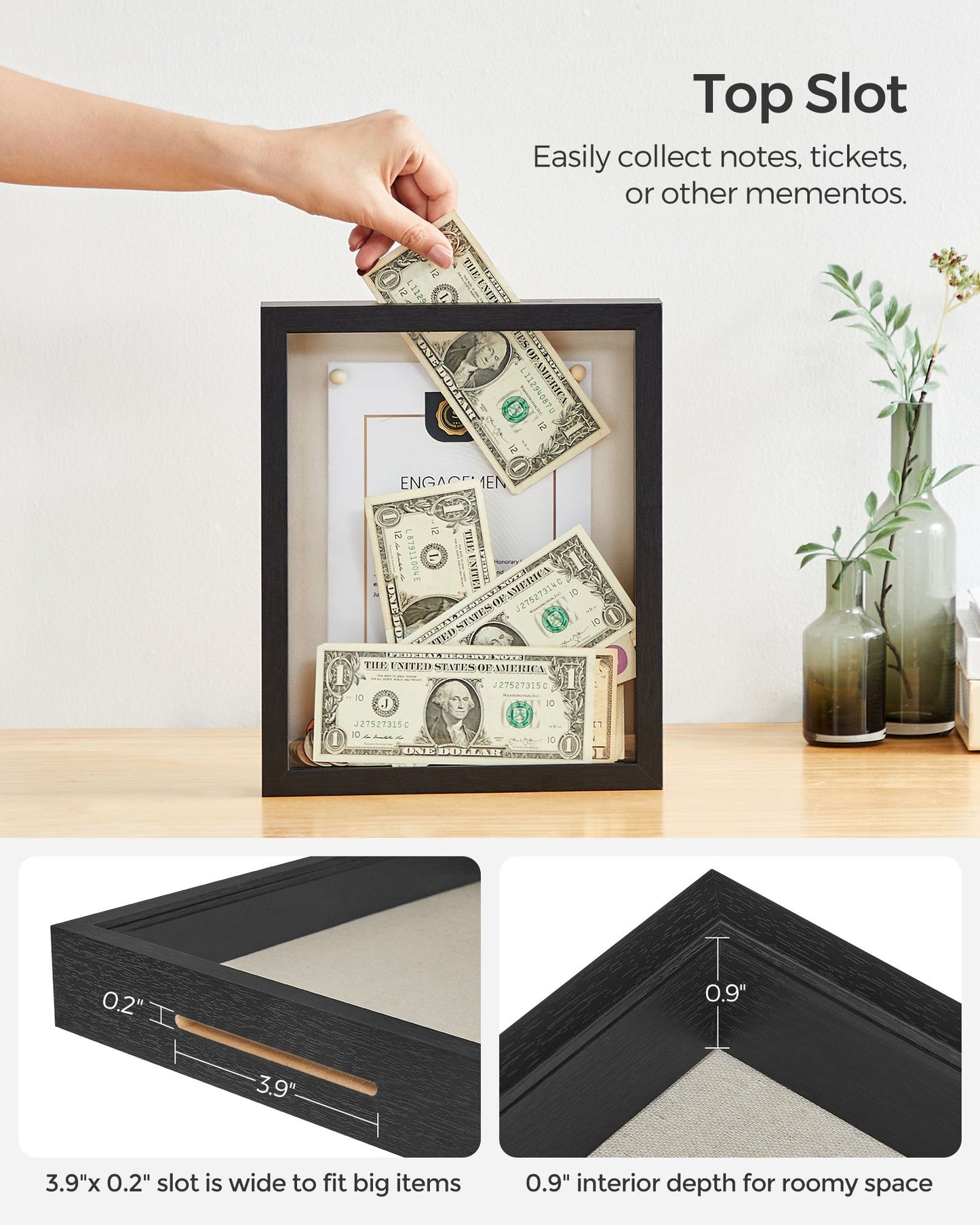 8x10 Black Box Frame Display Case with Top Slot and Stick Pins