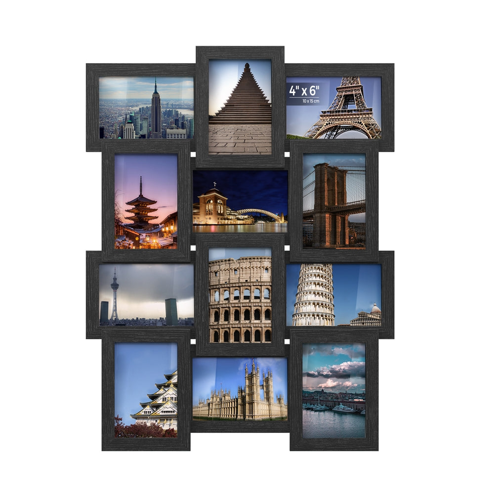 Picture Frames for 12 Photos in 4" x 6" Collage Multiple Photos Glass Front, Assembly Required, Black Wooden Grain