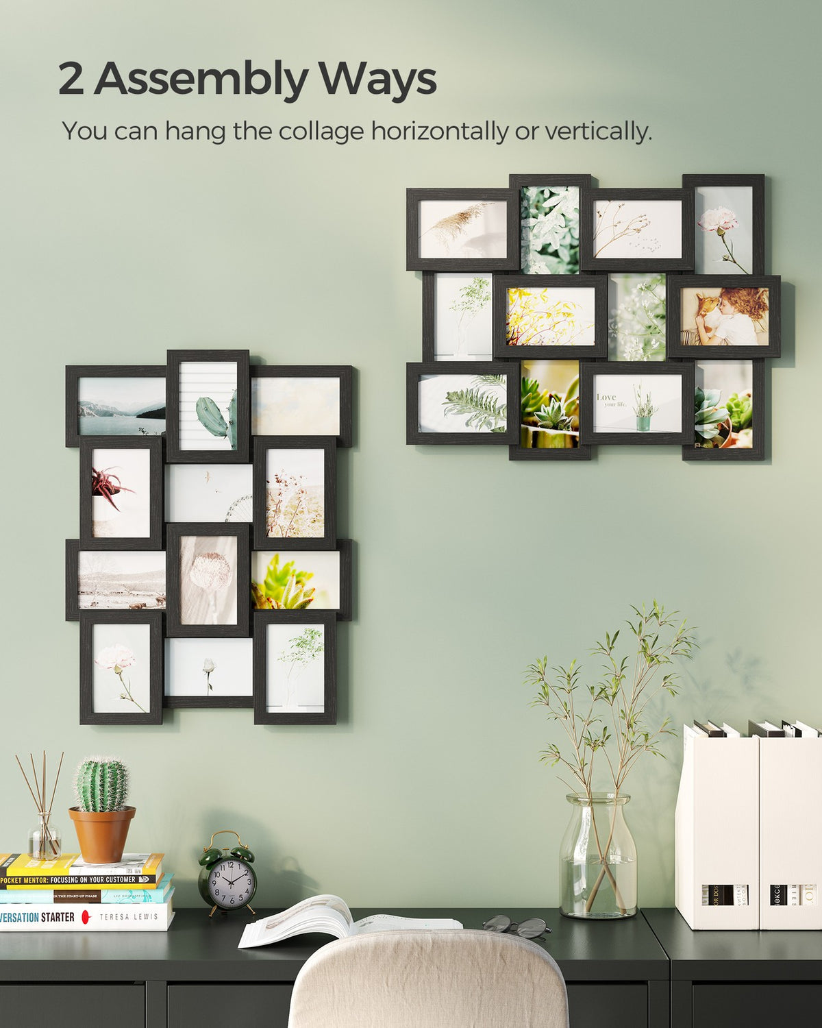 Picture Frames for 12 Photos in 4" x 6" Collage Multiple Photos Glass Front, Assembly Required, Black Wooden Grain