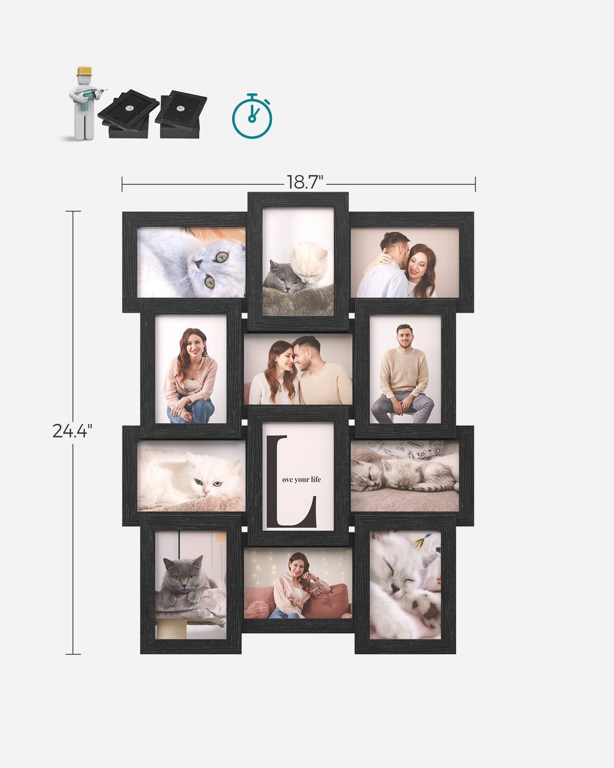 Picture Frames for 12 Photos in 4" x 6" Collage Multiple Photos Glass Front, Assembly Required, Black Wooden Grain