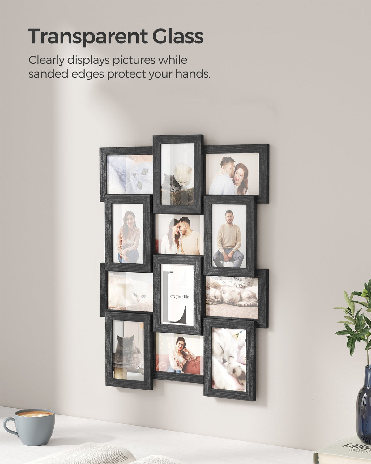 Picture Frames for 12 Photos in 4" x 6" Collage Multiple Photos Glass Front, Assembly Required, Black Wooden Grain