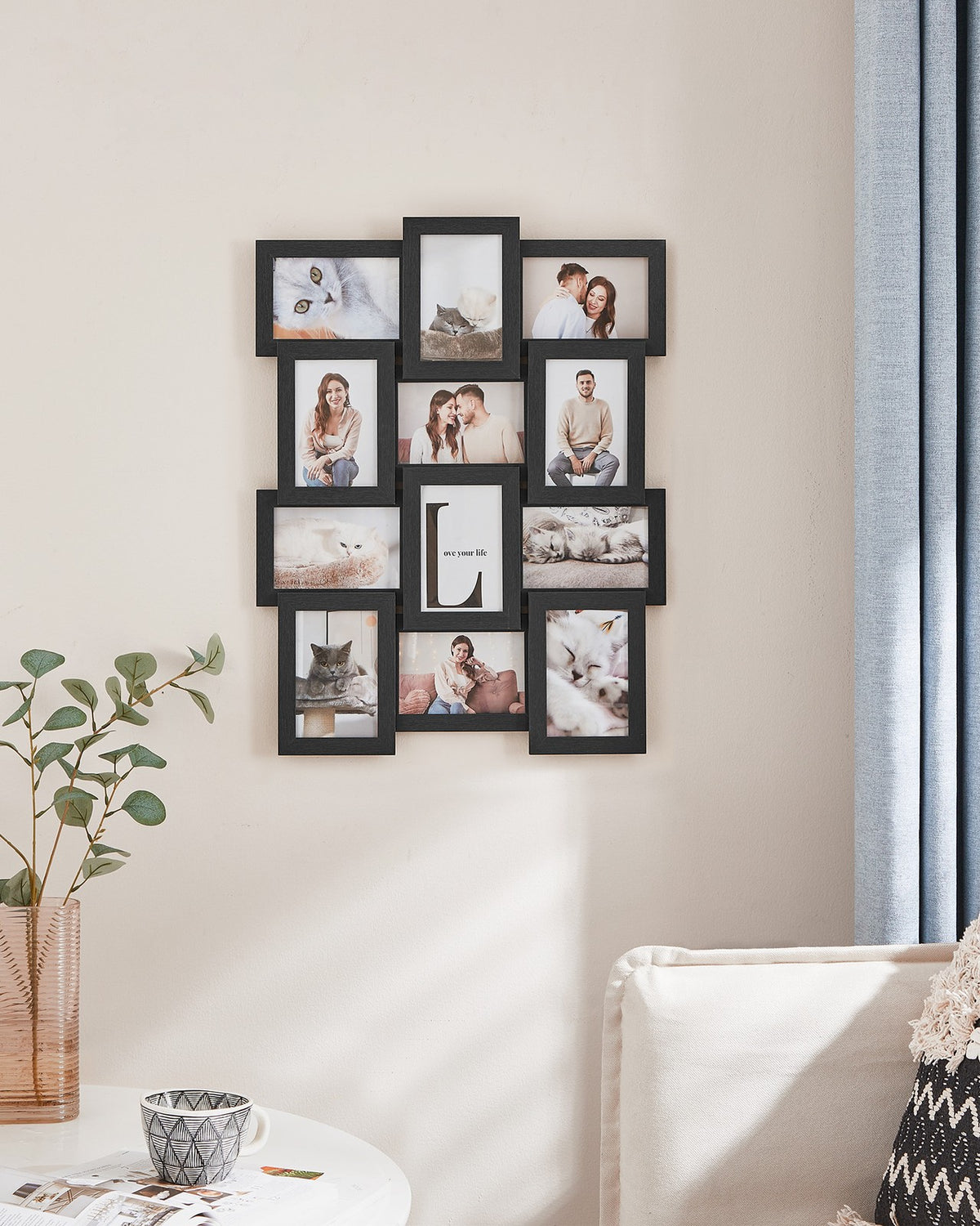 Picture Frames for 12 Photos in 4" x 6" Collage Multiple Photos Glass Front, Assembly Required, Black Wooden Grain