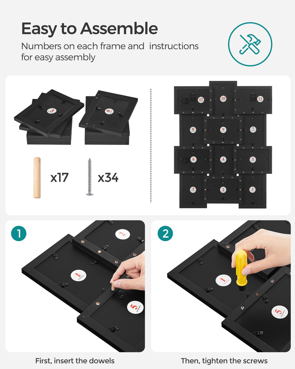 Picture Frames for 12 Photos in 4" x 6" Collage Multiple Photos Glass Front, Assembly Required, Black Wooden Grain