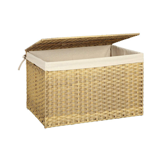 Storage Basket with Lid, Rattan-Style Storage Trunk with Cotton Liner and Handles, for Bedroom Closet Laundry Room, 29.9 x 17.1 x 18.1 Inches, Natural