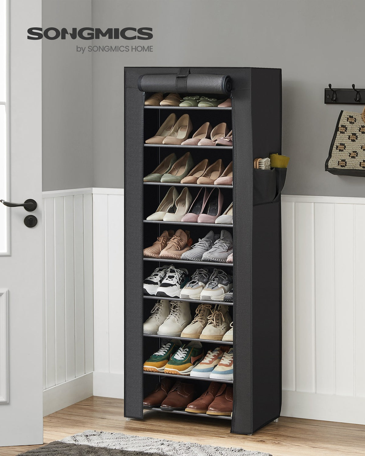10-Tier Shoe Tower Rack with Cover 27-Pair Space Saving Shoe Storage Organizer Black