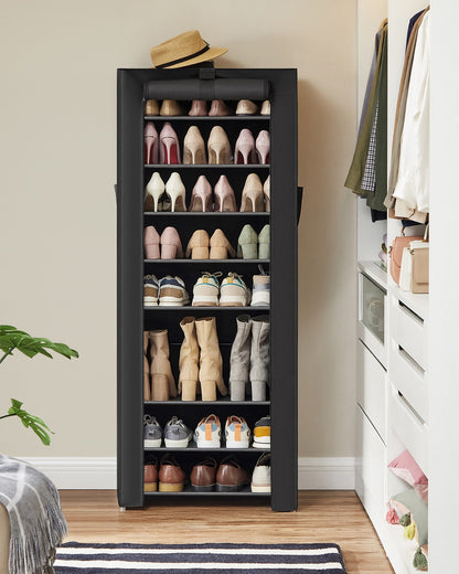 10-Tier Shoe Tower Rack with Cover 27-Pair Space Saving Shoe Storage Organizer Black