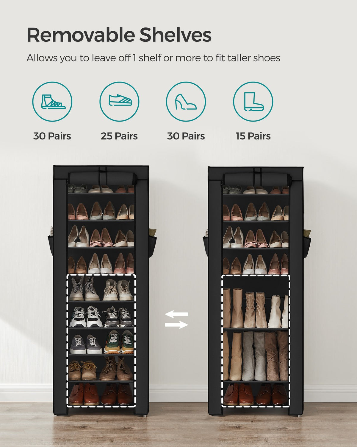 10-Tier Shoe Tower Rack with Cover 27-Pair Space Saving Shoe Storage Organizer Black