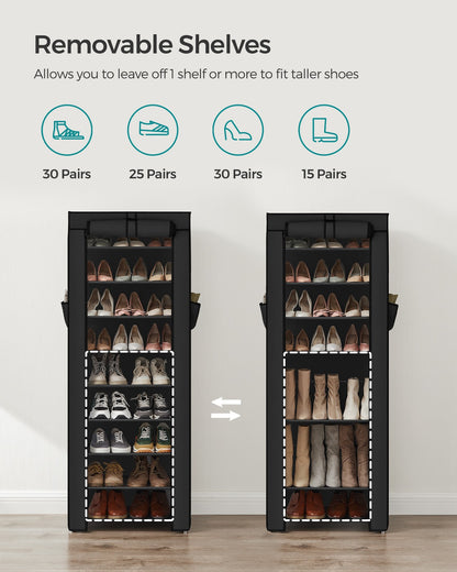 10-Tier Shoe Tower Rack with Cover 27-Pair Space Saving Shoe Storage Organizer Black