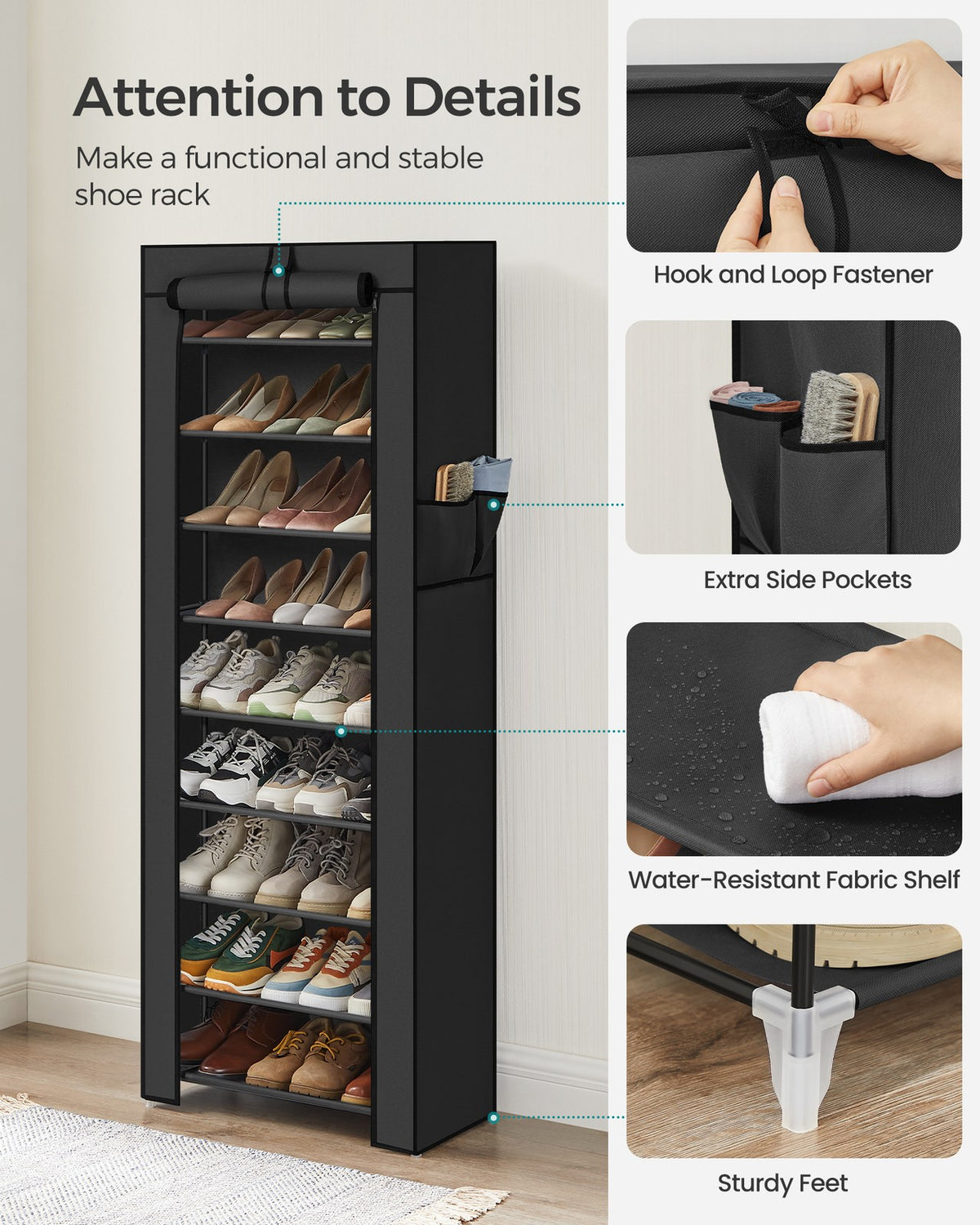 10-Tier Shoe Tower Rack with Cover 27-Pair Space Saving Shoe Storage Organizer Black